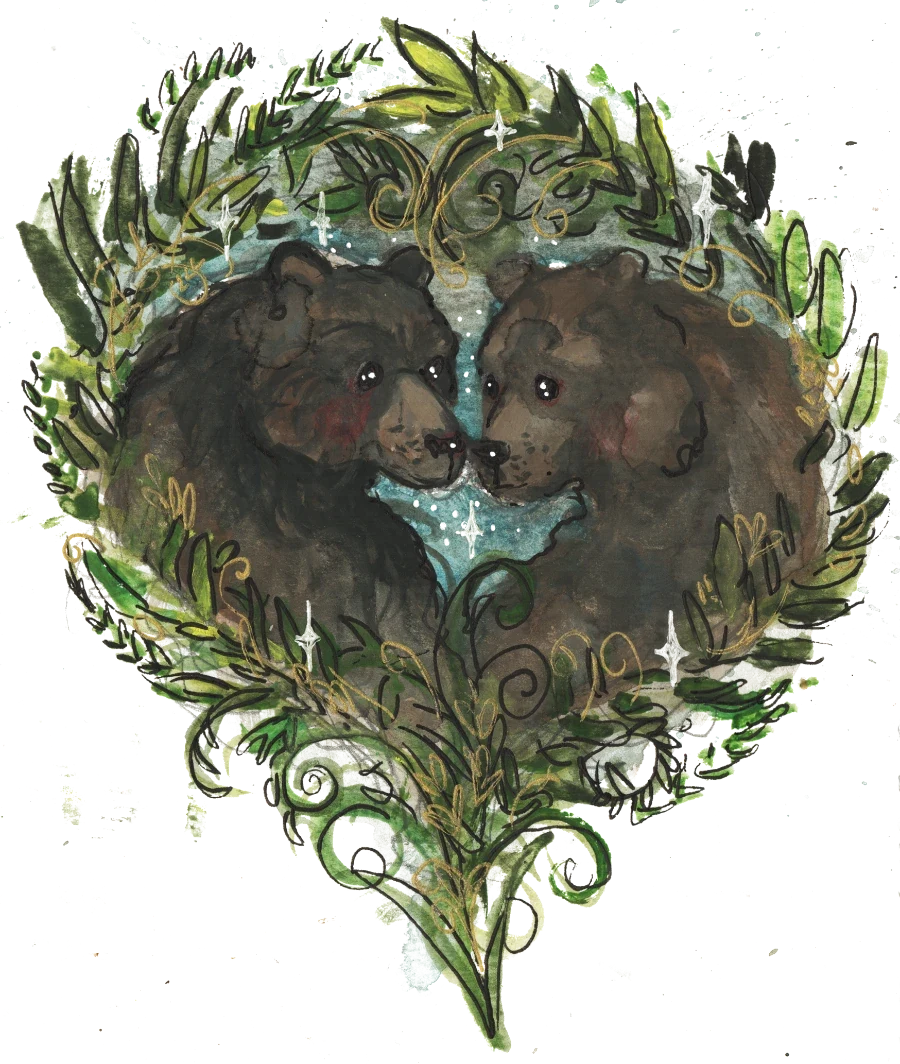 Two watercolour bears nose to nose, framed in a heart of green leaves and gold flourishes